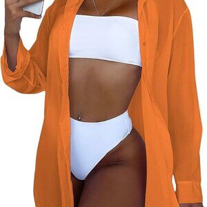 Women's Sheer Button Up Long Sleeve Beach Kimono Cover Up Shirt Sun Dress